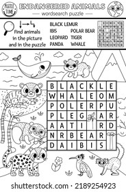 Vector ecological wordsearch puzzle for kids with endangered species. Black and white Earth day word search line quiz with extinct animals. Eco awareness educational activity, coloring page