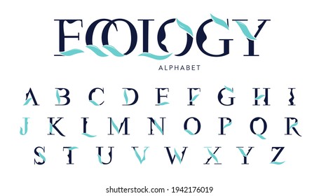 Vector Ecology Alphabet with decorative leafs elements. Modern elegance font with uppercase letters. Vector Illustration.