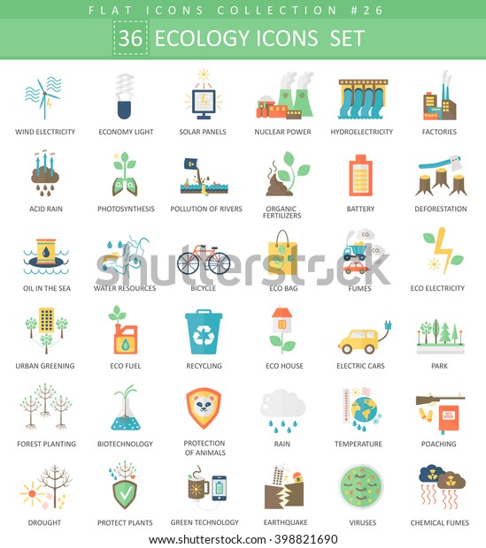 Vector Ecology color flat icon set.\
Elegant style green ecology icons design for web.\
