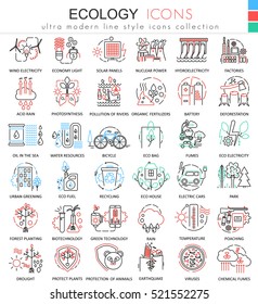 Vector Ecology color line outline icons for apps and web design. Ecology technology elements icons