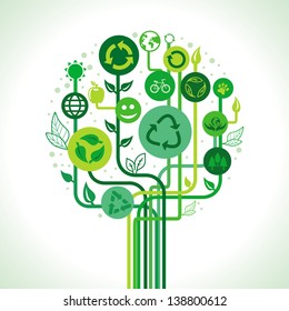 Vector ecology concept - abstract green tree with recycle signs and symbols