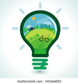 Vector ecology concept - abstract green landscape inside light bulb