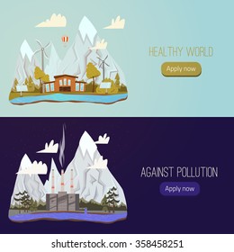Vector Ecology Concept Banners  for Green Energy and Nature Pollution. Concepts for web sites and printed materials in cartoon style, flat.