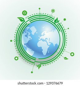 Vector ecology concept - blue earth with green leaves