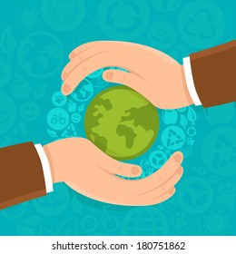 Vector ecology concept in flat style - male hands protecting earth