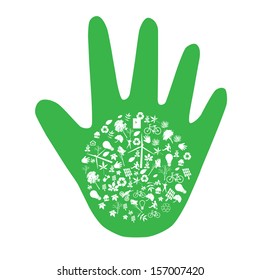 Vector ecology concept - hand design element made from icons and signs