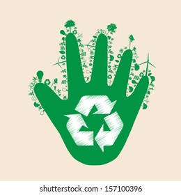 Vector ecology concept - hand design element made from icons and signs