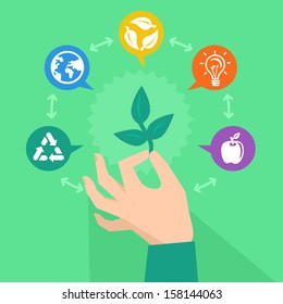 Vector ecology concept - hand holding plant and icons in flat retro style
