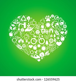 Vector ecology concept - heart design element made from icons and signs