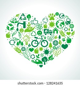 Vector ecology concept - heart design element made from icons and signs