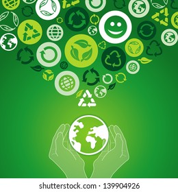 Vector ecology concept - human hands holding globe with recycle signs and symbols
