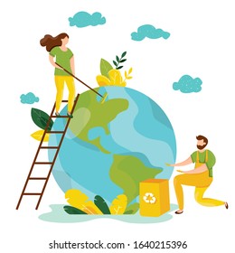Vector ecology concept. People take care about planet ecology. Protect nature and ecology banner. Earth day. Globe with trees, plants and volunteer people. People cleaning garbage on Earth area.