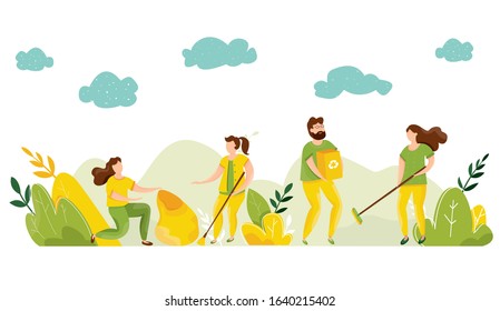 Vector ecology concept. People take care about planet ecology. Protect nature and ecology banner. Earth day. Globe with trees, plants and volunteer people. People cleaning garbage on Earth area.