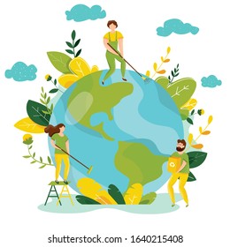Vector ecology concept. People take care about planet ecology. Protect nature and ecology banner. Earth day. Globe with trees, plants and volunteer people. People cleaning garbage on Earth area.