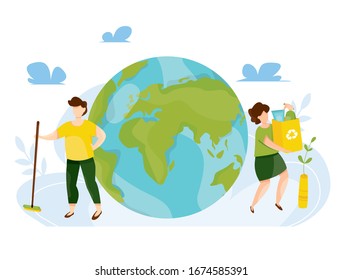 Vector ecology concept. People take care about planet ecology. Protect nature and ecology banner. Earth day. Globe with trees, plants and volunteer people. People cleaning garbage on Earth area.