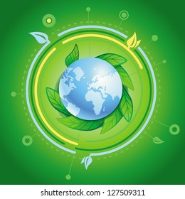 Vector ecology concept - planet with green leaves