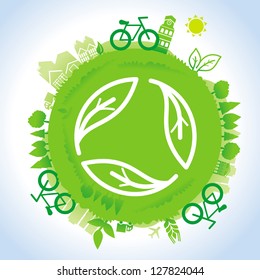 Vector ecology concept - planet with green recycle sign