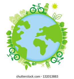 Concepto de ecología del Vector - Planeta con iconos y bicicletas - Ilustración vectorial