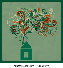 vector ecology concept with small house and floral smoke coming from the pipe, crumpled paper texture, eps 10