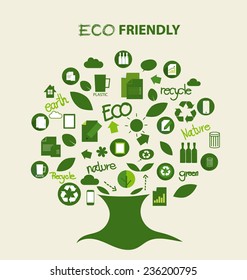 Vector ecology concept, Tree with icons. Vector Illustration.
