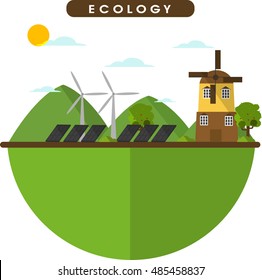 Vector ecology concept With Wind Turbine Clean Nature Ecology Environment Concept Flat Vector Illustration