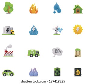 Vector ecology and environment preservation icon set. Includes symbols, representing major issues - garbage, factories pollutions, forest wildfires, flood, power  generation and other