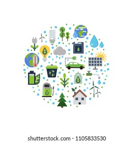 Vector ecology flat icons gathered in circle illustration. Eco energy, nature environment