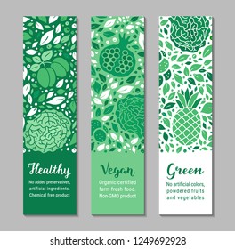 Vector ecology fruit, vegetable banners. Cabbage, garnet, plum, leaf, pineapple pattern. Healthy, Vegan, Green lettering text. Weight loss concept. Low calorie product vertical brochure design