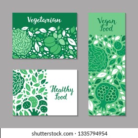 Vector ecology fruit, vegetable flyers. Cabbage, garnet, plum, broccoli, salad leaf pattern. Vegetarian, Healthy, Vegan food, lettering text weight loss concept. Low calorie product brochure design