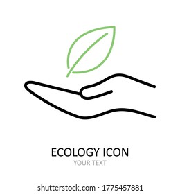 Vector ecology icon. Linear illustration of hand with leaf.