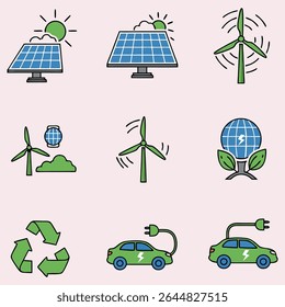 Conjunto de ícones de ecologia vetorial: símbolos ambientais verdes para natureza, energia e reciclagem.