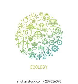 Vector ecology illustration with icons and signs in linear style - alternative energy, natural conservation and environment protection concept - poster or banner template