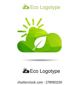 Vector ecology logo or icon in eps, nature logotype, air symbol with sun, cloud and leaf, good cloud