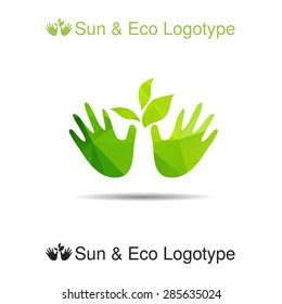 Vector ecology logo or icon in eps, nature logotype, leaves in our hands