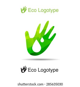 Vector ecology logotype from hand with drops