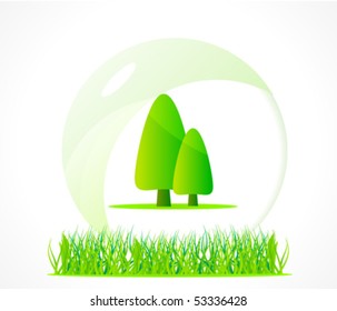 Vector ecology orb with tree with green grass.