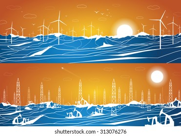 Vector ecology panorama, green energy and polluting industry, windmills and ecology against oil rigs and petroleum, blue and orange illustration
