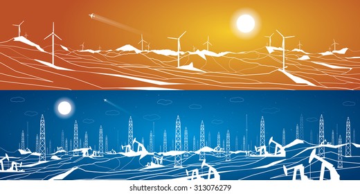 Vector ecology panorama, green energy and polluting industry, windmills and ecology against oil rigs and petroleum, blue and orange illustration