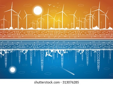 Vector ecology panorama, green energy and polluting industry, windmills and ecology against oil rigs and petroleum, blue and orange illustration