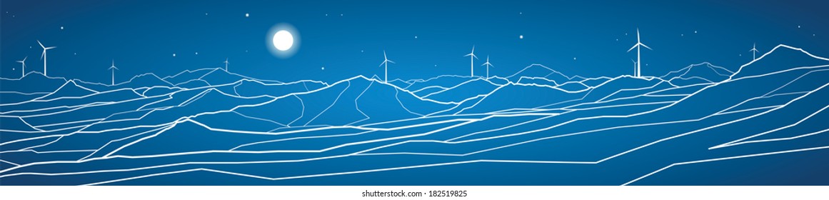 Vector ecology panorama, mountains landscape, windmills