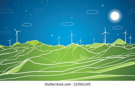 Vector ecology panorama, mountains landscape, windmills, blue sky