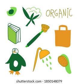 Vector ecology set of illustrations in orange and green.Clip art with cotton,brush,penguin,water,packet,organic.Collection with the defenders of nature.Design for web,packaging,social networks.