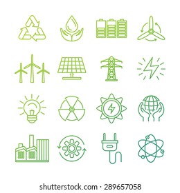 Vector ecology signs and icons in trendy mono line style - collection of alternative energy related concepts - eco and bio environmentally friendly power generation and nature conservation