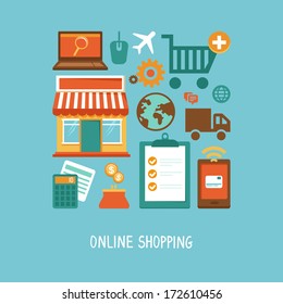 Vector e-commerce icons and signs in flat style - online shopping and internet