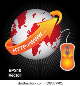 Vector : E-Commerce, Internet, Online Marketing, Online Business or Technology Concept Present By Red Earth With Orange Web Hyperlink Arrow and Orange Mouse in Dark Shiny Background