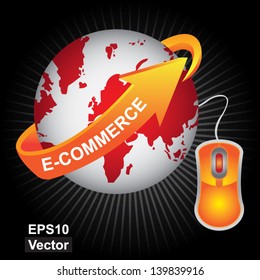 Vector : E-Commerce, Internet, Online Marketing, Online Business or Technology Concept Present By Red Earth With Orange E-Commerce Arrow and Orange Mouse in Dark Shiny Background