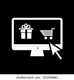 Vector ecommerce and online shopping on personal computer icon | white flat design pictogram isolated on black background