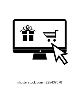 Vector ecommerce and online shopping on personal computer icon | black flat design pictogram isolated on white background