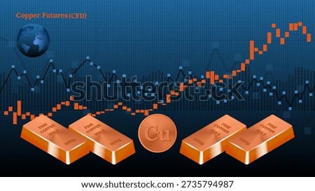Vector economic banner. Copper futures. Global commodity price growth. 3D 1000 gram bars. Charts and graphs. Ingots Cu