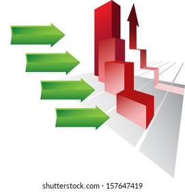 Vector economic diagram with green arrow and red column. Concept is economic growth. /Way of growth 